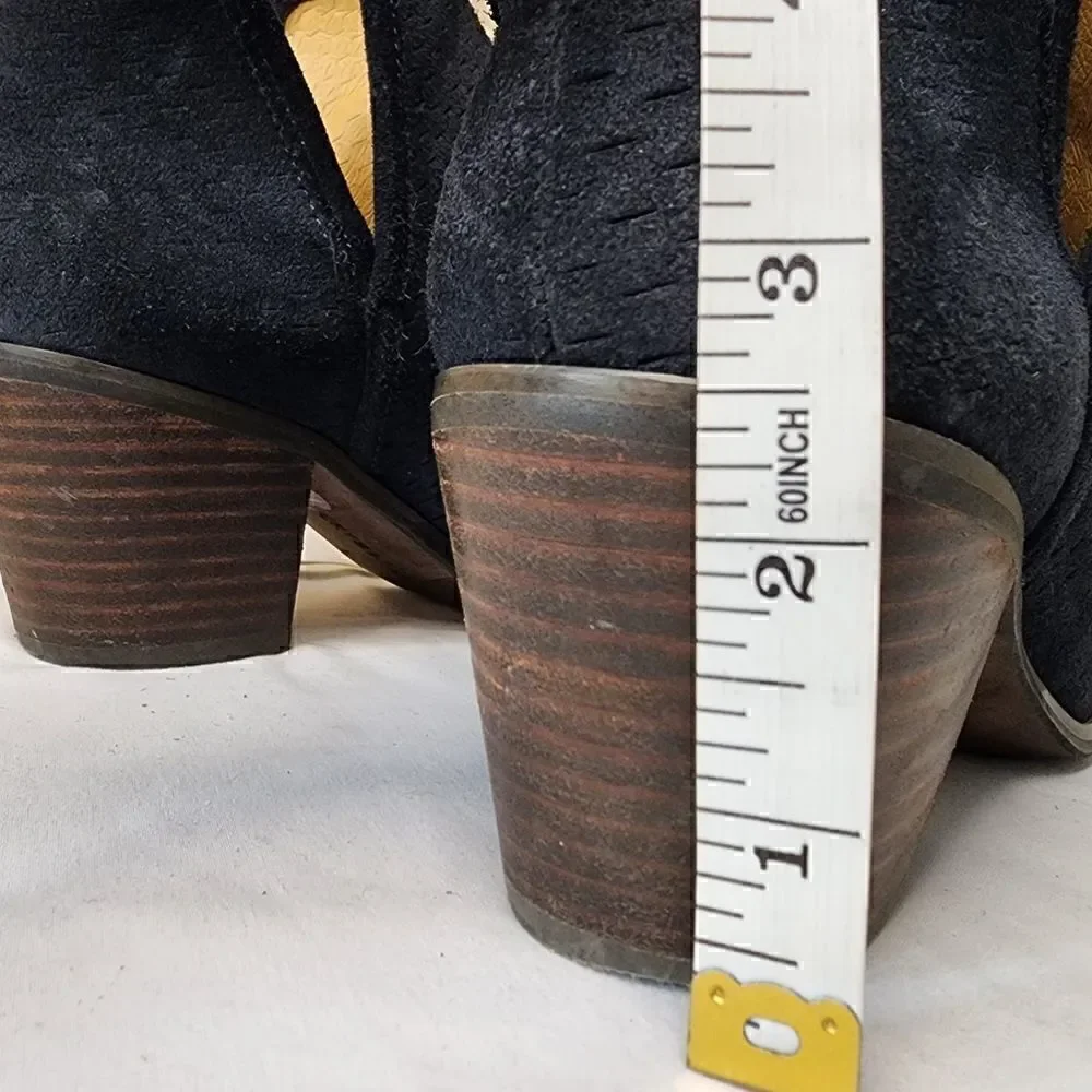 Lucky Brand- Loria Black Suede Leather Upper Heeled Booties Perforated, Size 8.5